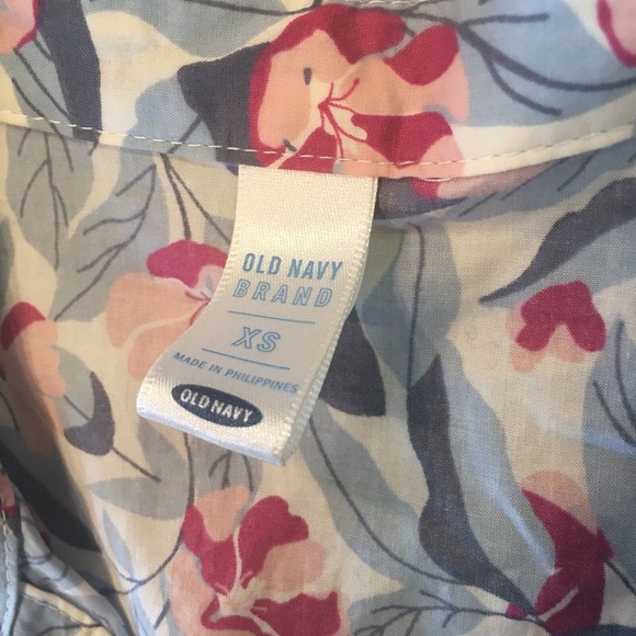 Old Navy X-Small Button Up Blouse Blue White Pink Floral Long Sleeve Career Top - Picture 10 of 12